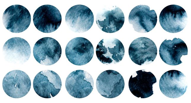 Watercolor abstract art paintings with blue spheres isolated on white background. Aquarelle drawings on textured paper canvas