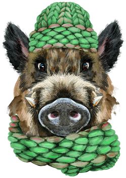 Cute piggy in green knitted hat. Wild boar for t-shirt graphics. Watercolor brown boar illustration