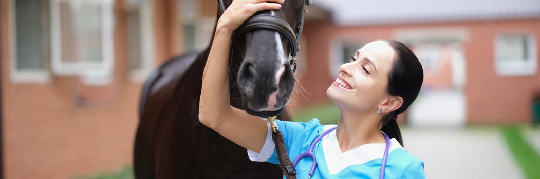 Smiling female veterinarian stroking black horse closeup