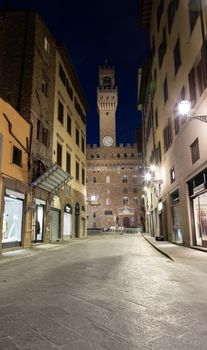 Florence architecture illuminated by night, Piazza della Signoria - Signoria Square - Italy. Urban scene in exterior - nobody