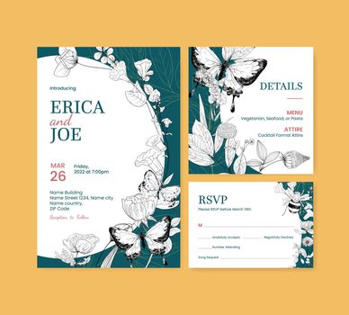 Wedding card template with spring wild flower concept,line art style