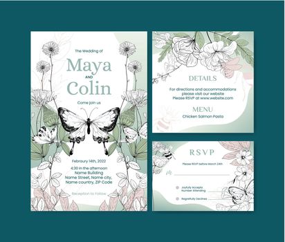 Wedding card template with spring wild flower concept,line art style