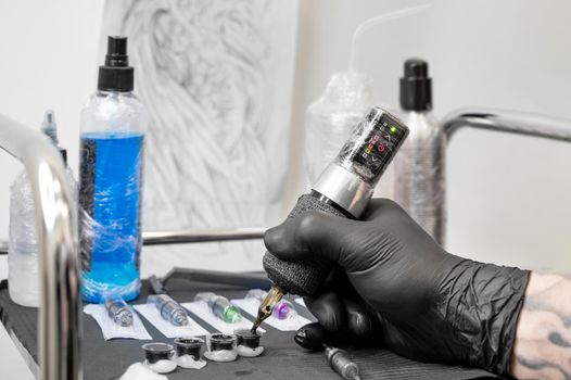 Close up of tattoo artist tools and workplace
