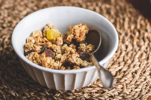 Bowl with Granola and Dried Fruits 