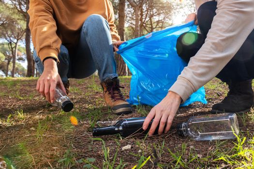 Unrecognizable people cleaning forest from plastic garbage and glass bottles.