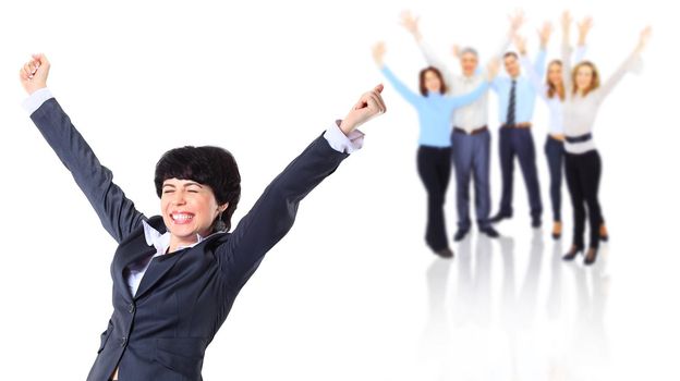 Business woman and her team formed of businessmen and businesswomen are happy success.