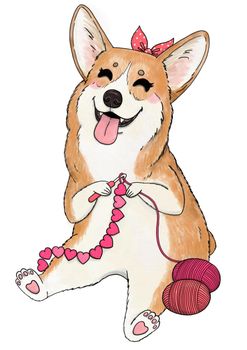 Cute dog - Pembroke welsh corgi crocheting hearts. Illustration for knitting and crochet lovers, postcards, stickers