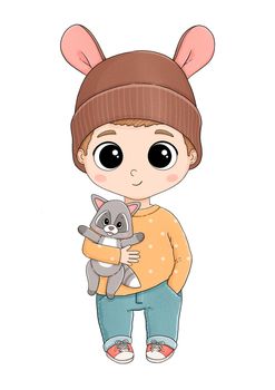 Cute little boy in rabbit hat with raccoon toy
