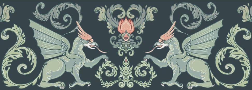 Mythological magic beast Griffin, legendary bizarre creature. Seamless border pattern design in medieval style. Repetition background. Vector illustration.