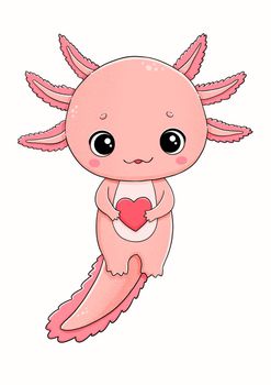 Cute little pink axolotl with red heart