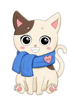 Funny little cat in knitted scarf and heart