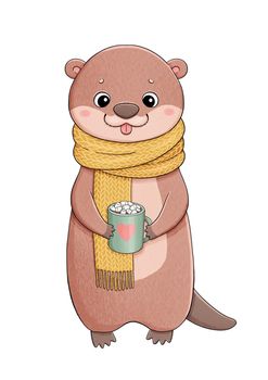 Cute little otter in yellow scarf with coffee