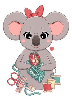 Cute koala with embroidery, red tulip brooch