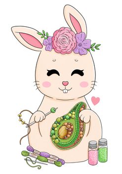 Cute rabbit with embroidery,avocado brooch,flowers