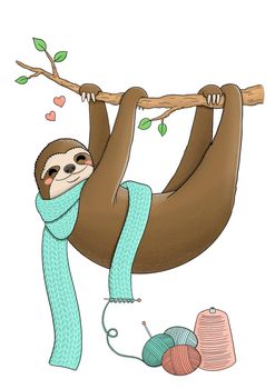 Cute sloth with yarn balls and knitted scarf