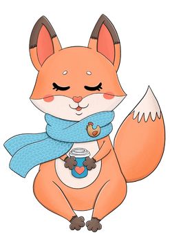 Cute little fox in knitted scarf and coffee