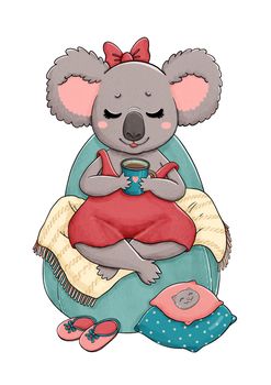 Koala sitting on a chair with warm drink. High quality illustration
