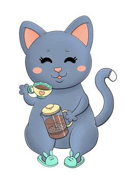 Cute little cat with teapot and teacup
