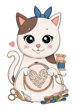 Cute white and brown cat with embroidery