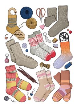 Knitted socks, many different colors and sizes