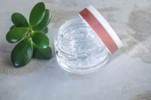 Gel texture with bubbles hyaluronic acid and aloe vera branches in a glass jar 
