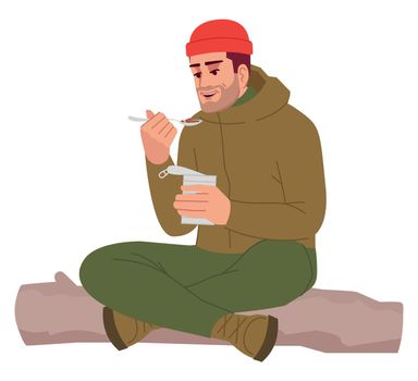Camper eating canned food semi flat RGB color vector illustration