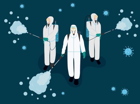 Group of people in protective clothing perform cleaning, spraying and disinfection, corona virus, coronavirus vector illustration