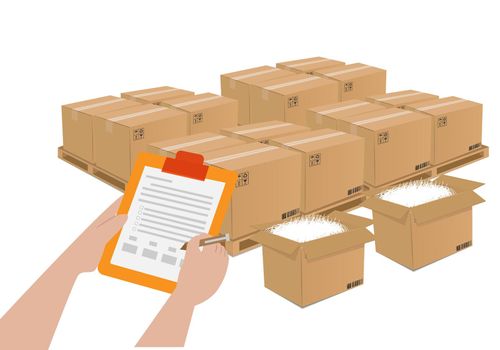 Product quality inspector With clipboard, check for stock quality report, quality control of cardboard packaging boxes before delivery to customers.