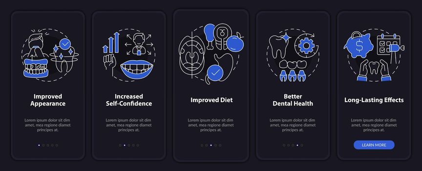 Aesthetic dentistry benefits night mode onboarding mobile app screen