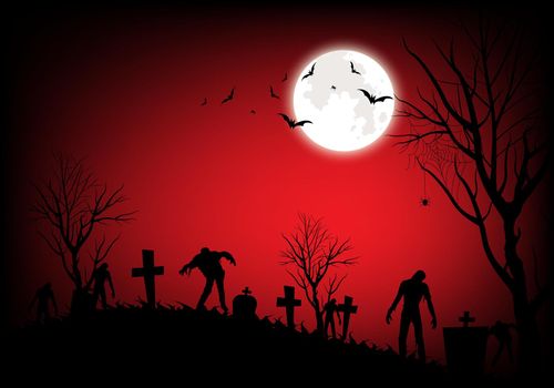 Halloween with zombies and moon on the graveyard Red bloody background