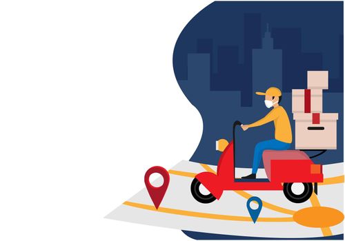 Delivery man riding motorcycle send order package to customer on urban background. vector Illustration.