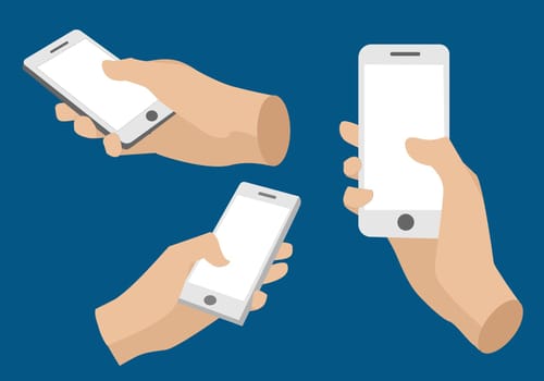 A set of hands holding a blank screen smartphone In different mobile styles Vector illustration.