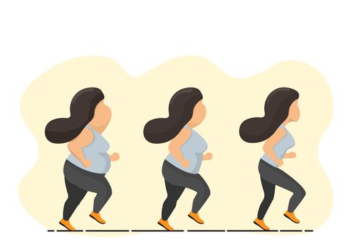 Fat women running to lose weight regularly till their proportions get back to shapely again, vector flat illustration.