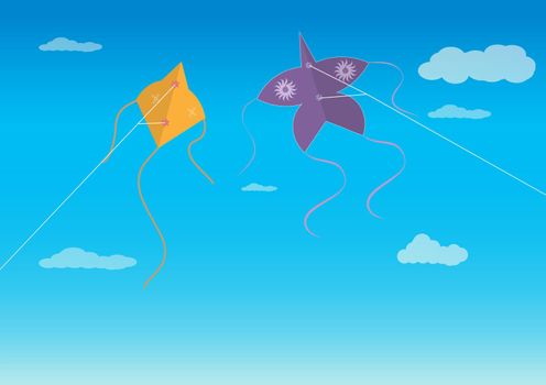 Kites fly in the sky in the form of puffers and stars. Hobbies and entertainment. Vector Flat Cartoon Illustration.