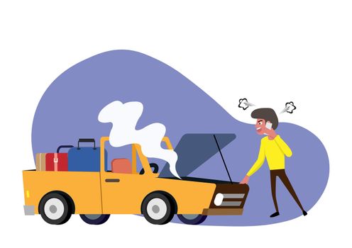 Young has force majeure. Inside the car there is smoke. And it made his mood frustrating. Until you have to call a technician Flat design cartoon style vector illustration