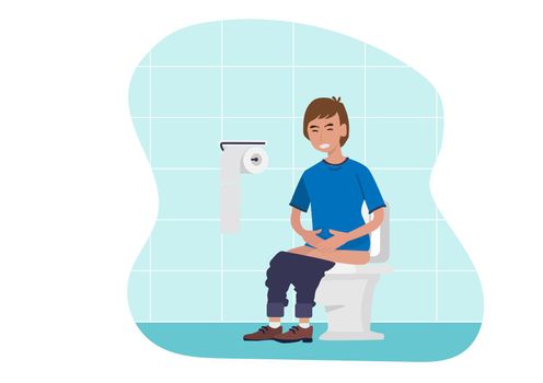 Man sitting in the toilet, suffering of diarrhea and abdominal pain, stomach, internal organs,