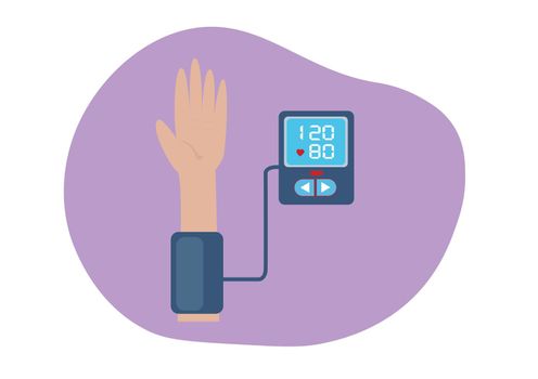 Man measuring patient blood pressure. Checking arterial blood pressure digital device tonometer. Healthcare concept. Flat style cartoon illustration vector.