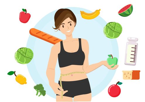 Woman measuring her waistline and holding fresh green apple in hand. Flat style cartoon illustration vector