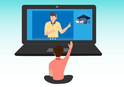 Education and learning vector concept: male students are consulting an online tutor.  Flat style cartoon illustration vector
