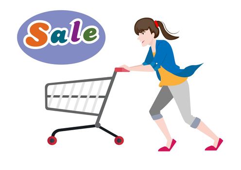 A young woman pushes her car quickly because there are products on sale. Flat style cartoon illustration vector