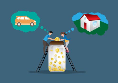 The two husbands and wives keep the savings together. The wife dreams of buying a house to live. As for the husband dreams of having a private car to drive Flat style cartoon illustration vector