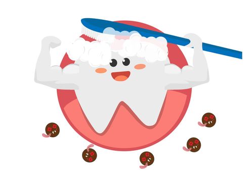 Happy tooth icon Cute tooth character to show strength Brushing teeth with toothpaste Vector illustration for children's dentistry oral hygiene cleaning teeth