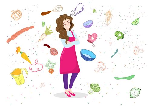 A young woman devise a menu with objects and cooking utensils in the background. Flat style cartoon illustration vector
