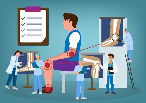 male patient suffering from joint pain Tiny doctor examines X-ray images of joints in a doctor's office. Osteoarthritis, rheumatoid arthritis. Flat style cartoon illustration vector