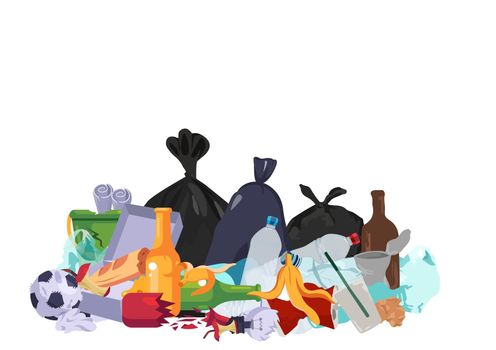 many garbage bags Plastic waste on the pavement, food scraps, broken bottles, cardboard boxes, plastic bags and plastic straws. flat style cartoon illustration vector