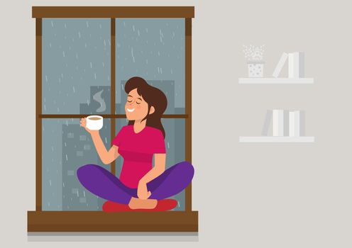 Vector illustration of a girl drinking tea/coffee near the window while it's raining outside. Flat style cartoon illustration vector
