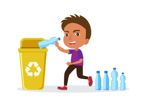 Eco-friendly boys throw plastic bottles in the recycling bin. Little boy throws plastic waste into the recycling bin cartoon sketch vector illustration isolated on white background
