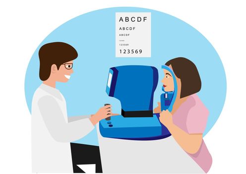 cartoon character woman taking an eye exam with an ophthalmologist to test the level of eyesight The concept of measuring the eyeglasses of a patient. Flat style cartoon illustration vector