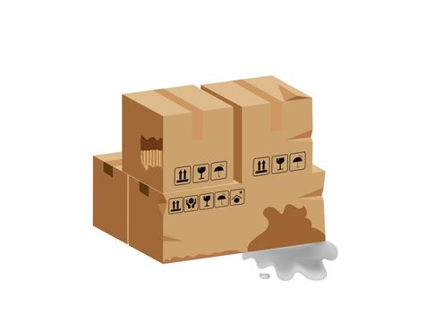 3D damaged crate box, broken cardboard box, wet flat style cardboard parcel box, product packaging, torn brown packaging box, isolated on white background. Flat style cartoon illustration vector