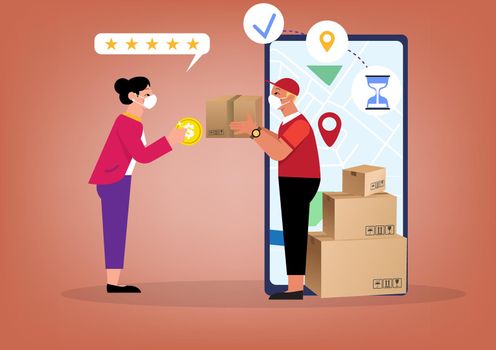 Cash On Delivery service concept, order tracking and evaluate the service 5 stars.  Flat style cartoon illustration vector